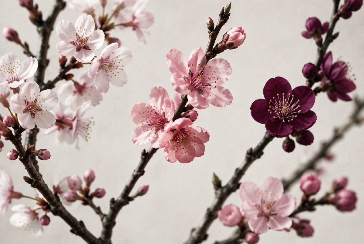 Cherry, peach and plum blossoms on bare branches