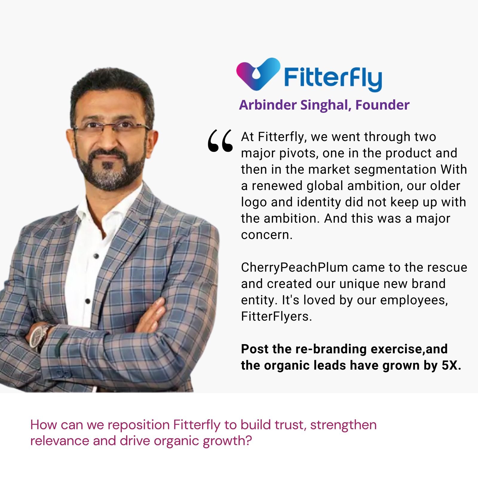 Testimonial from Arbinder Singhal, Founder, Fitterfly: "At Fitterfly, we went through two major pivots, one in the product and then in the market segmentation. With a renewed global ambition, our older logo and identity did not keep up with the ambition. And this was a major concern. CherryPeachPlum came to the rescue and created our unique new brand entity. It's loved by our employees, FitterFlyers. Post the re-branding exercise, the organic leads have grown by 5X." The brief: How can we reposition Fitterfly to build trust, strengthen relevance and drive organic growth?