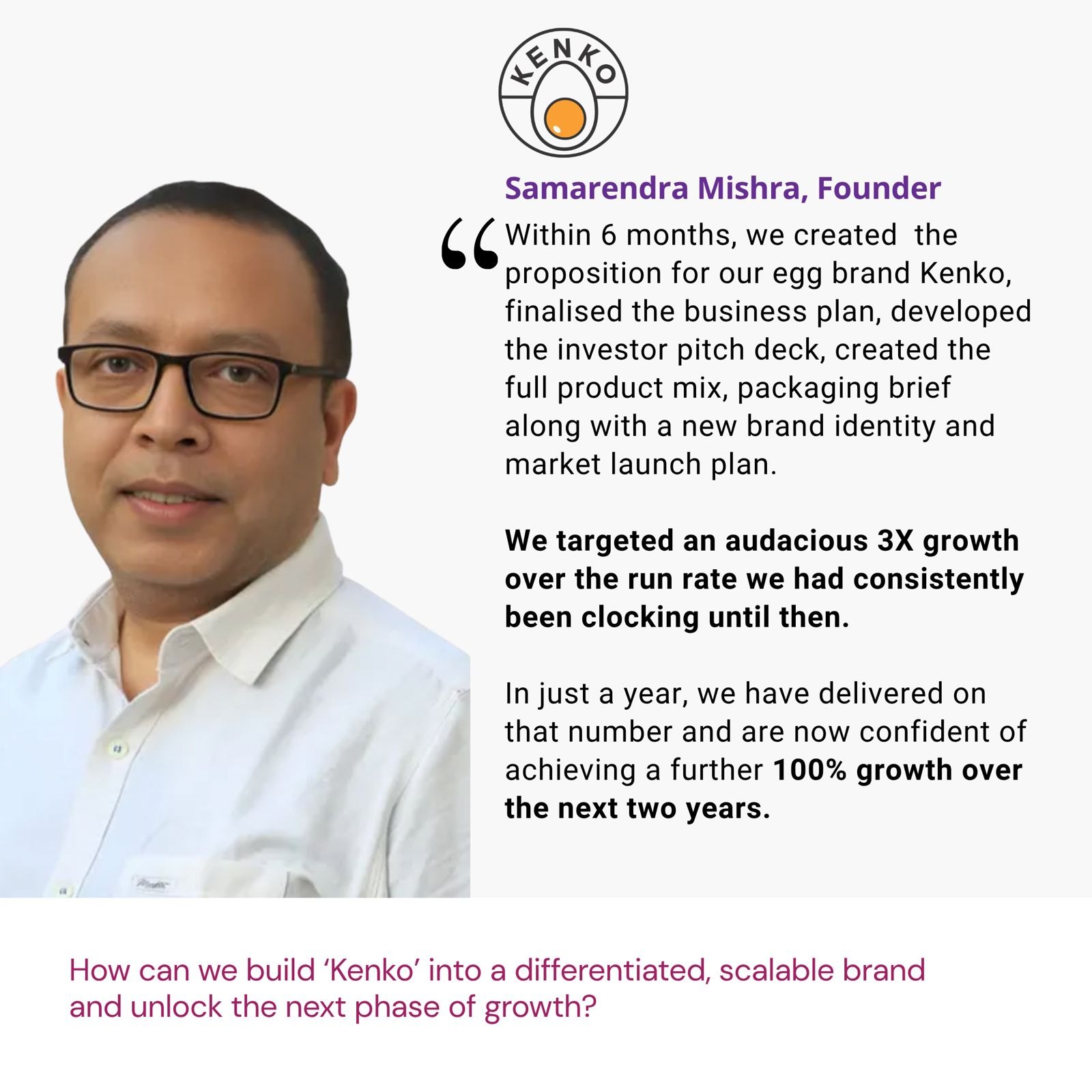 Testimonial from Samarendra Mishra, Founder, Kenko: "Within 6 months, we created the proposition for our egg brand Kenko, finalised the business plan, developed the investor pitch deck, created the full product mix, packaging brief along with a new brand identity and market launch plan. We targeted an audacious 3X growth over the run rate we had consistently been clocking until then. In just a year, we have delivered on that number and are now confident of achieving a further 100% growth over the next two years." The brief: How can we build ‘Kenko’ into a differentiated, scalable brand and unlock the next phase of growth?